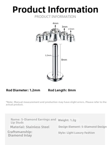 Size guide for stainless steel 5-diamond labret stud with 1.2mm gauge and 8mm bar length