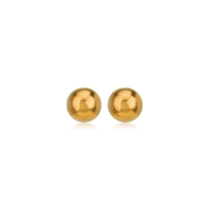 Pair of polished gold stainless steel ball stud earrings with reflective finish on white