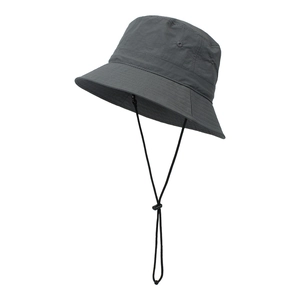 Detail of dark grey fisherman hat with waterproof nylon fabric and adjustable chin strap