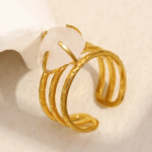 18K gold plated multi-layer wrap ring featuring a raw white quartz stone on a white stone