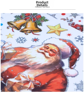 Détail de stickers de Noël avec paillettes argentées, Père Noël et cloche dorée