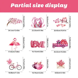 Detailed size chart for Valentine's gnome and love heart static window stickers