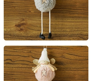 Macro detail of plush angel doll ornament with knitted hat and golden wings decoration
