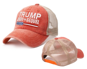 Detail of Trump 2024 baseball cap with mesh back and adjustable orange snap closure