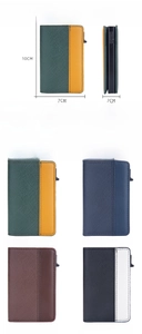Detailed spec sheet showing PU leather RFID card holder dimensions and four color options