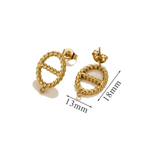 Macro detail of twisted gold-plated earring studs with measurements 18mm by 13mm