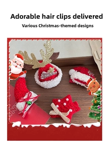 Detail view of festive Christmas hair clips featuring reindeer antlers and red hat designs