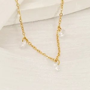 18K Gold Plated Stainless Steel Necklace With Clear Round Zircons Dainty Minimalist Jewelry For Women