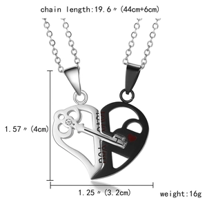 Detail view of puzzle heart necklaces with dimensions for chain length and pendant size