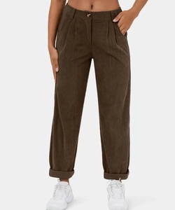 Detail van corduroy broek met hoge taille, knoopsluiting en zijzakken voor dames