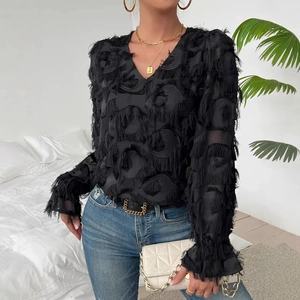 Detailed view of the black V-neck top featuring textured fringe circle jacquard fabric