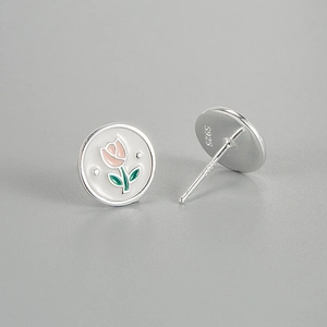 S925 sterling silver tulip stud earrings with pink enamel finish and retro french style