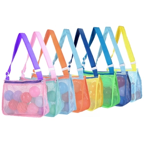 Large mesh beach bag for kids toys in eight vibrant colors with top zipper and shoulder strap