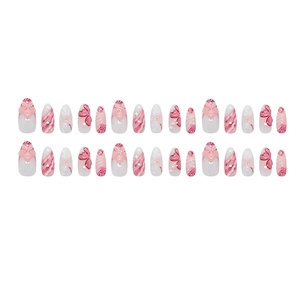 Französische Mandel-Drucknägel in Pink und Weiß mit 3D-Blumendesign und Perlenakzenten