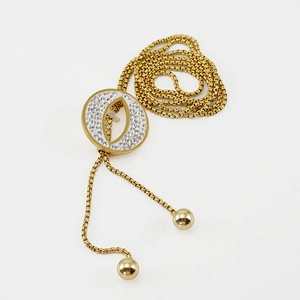 Adjustable gold tassel sweater necklace with sparkling rhinestones and metal ball slide