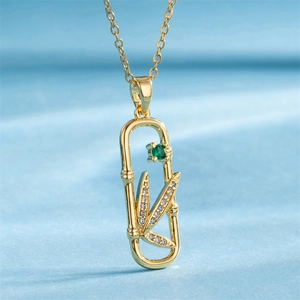 Stainless Steel Necklace Gold Plated Bamboo Leaf Pendant Green Gemstone Zircon Clavicle Chain For Women
