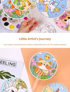 Collage of kids DIY round coloring fans with cartoon animal patterns and paints