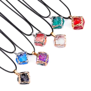 Artificial Crystal Cube Pendant Necklace With Alloy Electroplated Edge Irregular Sugar Cube Glass Gemstone Jewelry Gift For Women