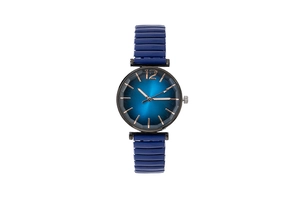 Detail of navy blue watch dial with rose gold markers and stretchable elastic band