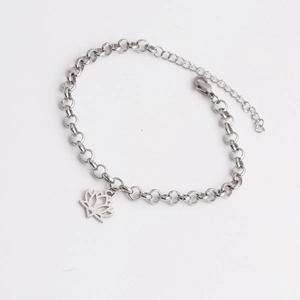 Minimalist silver lotus flower pendant chain bracelet in stainless steel with lobster clasp