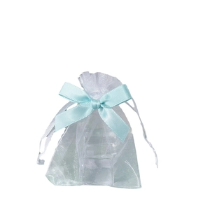 Mini white organza gift bag with a light blue ribbon drawstring and bow detail
