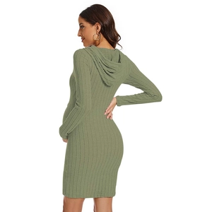 Detail of sage green hooded knit maternity dress with ribbed texture and drawstring hood