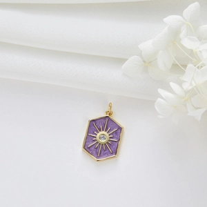 Vintage hexagonal sun pendant necklace with purple enamel and sparkling zircon inlay