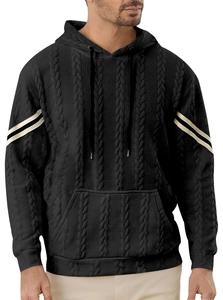 Detail of black knit hoodie featuring textured cable pattern and striped sleeves for men