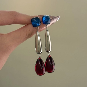 Vintage acrylic teardrop tassel earrings with blue stone and red resin drop pendant