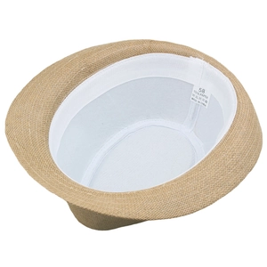 Detail of summer straw fedora showing inner 100% paper material and size 58 label