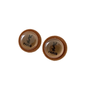 Retro round earrings with brown flocking and gold-tone logo on a white background