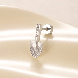 Silver shovel-shaped cartilage earring with sparkling zircon and screw back design