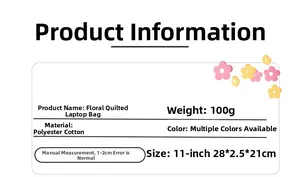 Specifications for the floral quilted 11-inch laptop sleeve made from polyester cotton