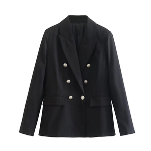 Classic black double-breasted women's blazer with silver buttons and flap pockets