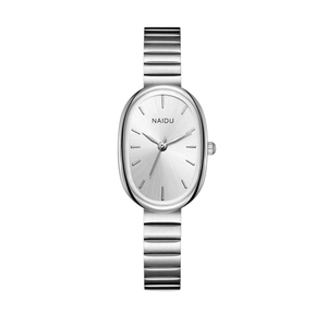 Silver oval quartz watch for women with metallic strap and minimalist sunray dial