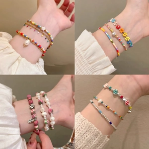 Colorful seed bead bracelet set with star charms and smiley face pendants for summer