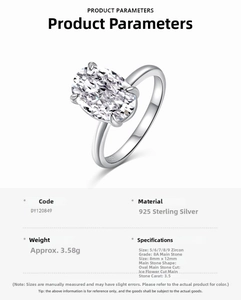 Detailed specifications of S925 silver ring featuring 3.5ct oval ice cut cubic zirconia