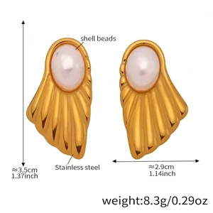 Detail view of shell bead fan earrings showing 3.5cm height and 2.9cm width dimensions