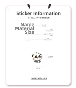 Detailed specs for 60pcs waterproof PVC cartoon panda stickers sized 2-6cm