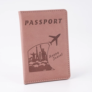 Pink PU leather passport cover with embossed airplane and world landmark design