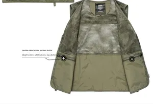 Détail du gilet tactique vert armée avec deux grandes poches intérieures zippées 22x28cm