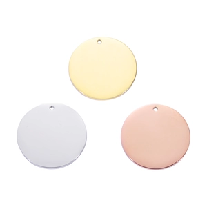 Polished 18k gold and silver stainless steel round disc pendants in three metal finishes
