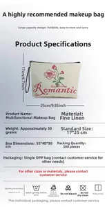 Linen rose cosmetic bag with Romantic print showing 25x17cm dimensions and product details