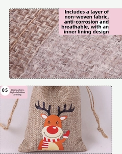Detail of Christmas burlap gift bag with reindeer pattern and non-woven lining