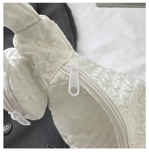 Detail of white quilted handbag featuring a smooth zipper and mini round coin purse charm