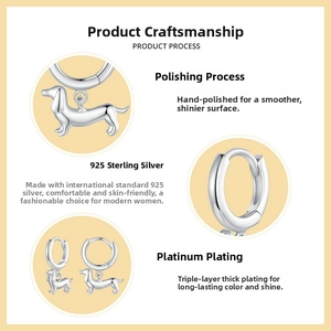 Detailed view of polished S925 sterling silver dachshund earrings with platinum plating