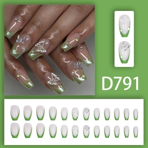 French aurora green press-on nails with 3D butterflies and sparkling rhinestones