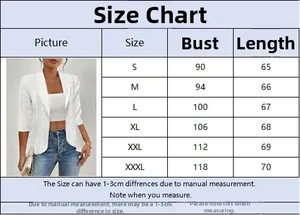 Detailed size chart for women's elegant lace blazer with bust and length measurements