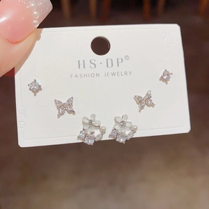 S925 silver needle stud earrings set with zircon butterflies and flower pearls