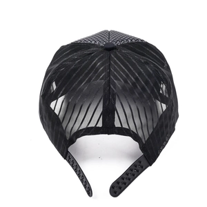 Detail view of the black mesh truck cap back featuring adjustable snapback closure
